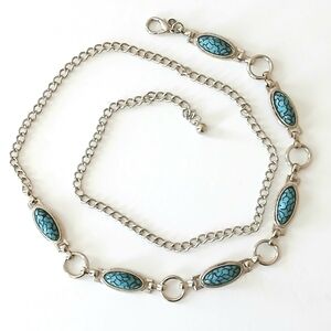 Faux Turquoise & Silver tone Chain Adjustable Belt Western Boho Cowgirl
